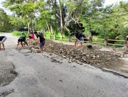 Karang Taruna dan Pemdes Bellu Benahi Jalan Provinsi yang Berlubang