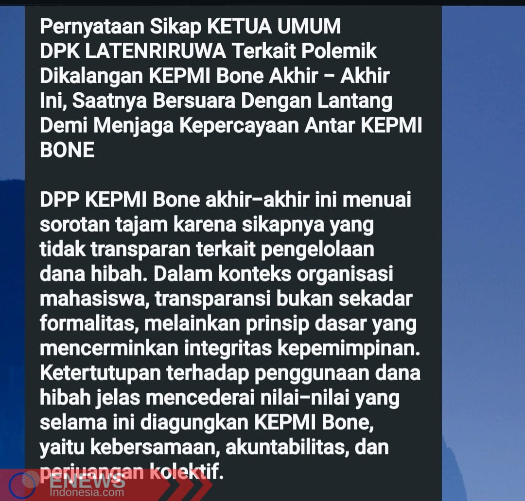 Potongan pernyataan Ketua DPK Kepmi Bone Latenriruwa UIN Alauddin Makassar terkait kritikan kepada DPP Kepmi Bone