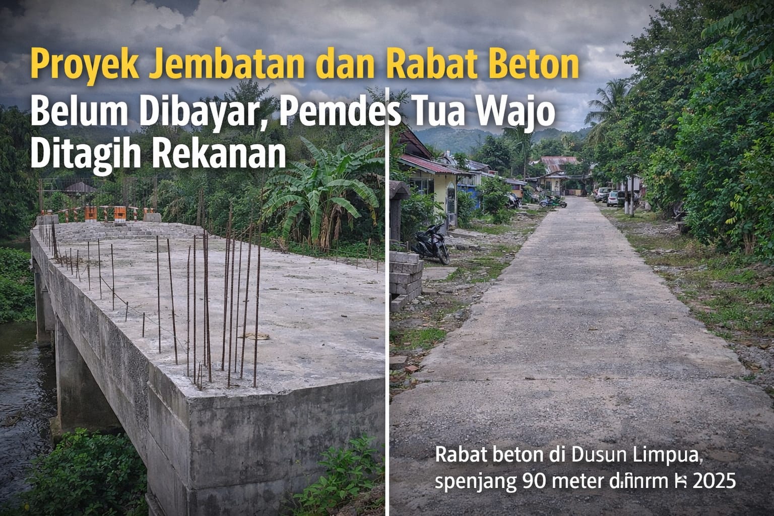 Ilustrasi proyek pembangunan jembatan dan rabat beton di Desa Tua, Kecamatan Majauleng, Kabupaten Wajo, yang disebut telah selesai dikerjakan pada 2025 namun hingga kini masih menyisakan pembayaran kepada pihak rekanan.