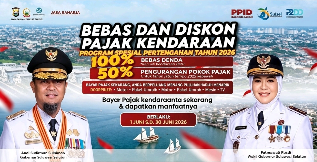 Ketgam: Program pembebasan denda 100 persen dan diskon pokok pajak kendaraan 50 persen di Sulawesi Selatan berlaku mulai 1 hingga 30 Juni 2026. (Ist)