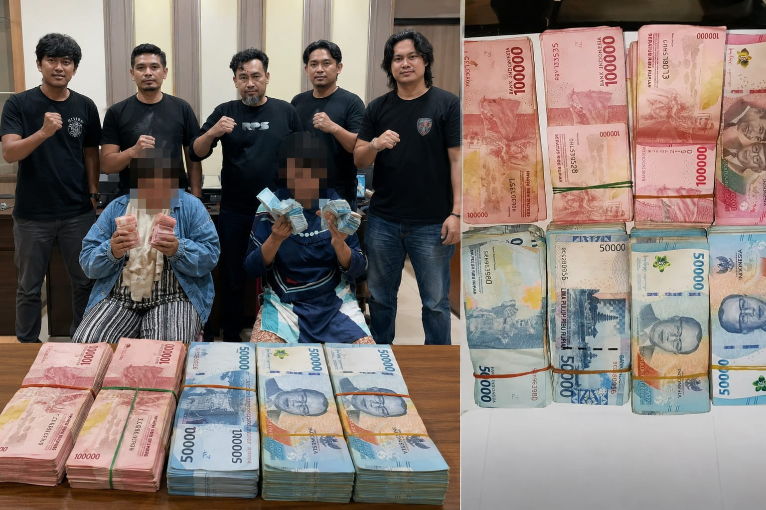 Ketgam: Tim Resmob Satreskrim Polres Bantaeng menunjukkan dua terduga pelaku beserta barang bukti uang tunai yang diamankan dalam kasus pencurian uang mahar senilai Rp55 juta milik keluarga sendiri di Kabupaten Bantaeng, Rabu (10/6/2026). Foto: Humas Polres Bantaeng.