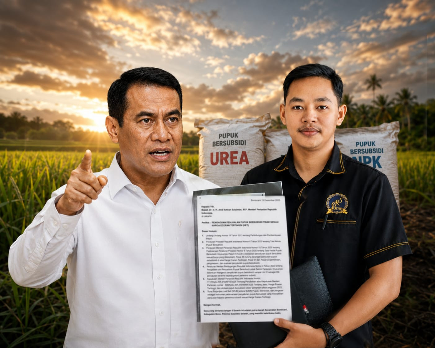 Ketgam: Demisioner Ketua KEPMI Bontocani, Andi Muh. Asdar, S.H., menunjukkan surat pengaduan terkait dugaan penjualan pupuk bersubsidi di atas HET di Kabupaten Bone, disandingkan dengan ilustrasi pupuk subsidi dan sektor pertanian.