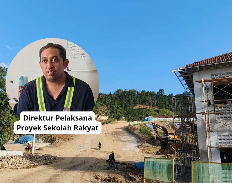 Ketgam: Manager Lapangan PT Hutama Karya, Achmad Darozi (insert), saat memberikan keterangan terkait progres pembangunan Sekolah Rakyat di Desa Sambaliwali, Kecamatan Luyo, Polman. Minggu (21/6/2026).
