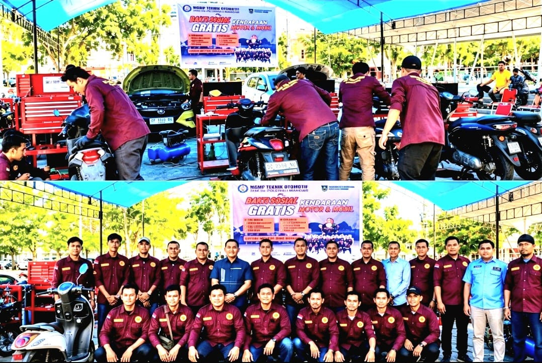 Musyawarah Guru Mata Pelajaran (MGMP) Teknik Otomotif SMK se-Polewali Mandar menggelar servis kendaraan gratis bagi masyarakat di halaman Gedung Gadis, Jalan Ratulangi, Kelurahan Pekkabata, Kecamatan Polewali, Senin (22/6/2026).