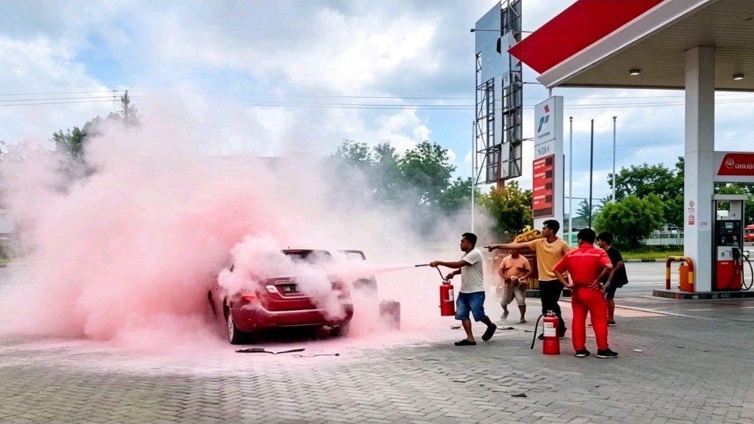 Foto: Detik-detik mobil sedan terbakar di SPBU Lambocca Bantaeng. (Ismail L)