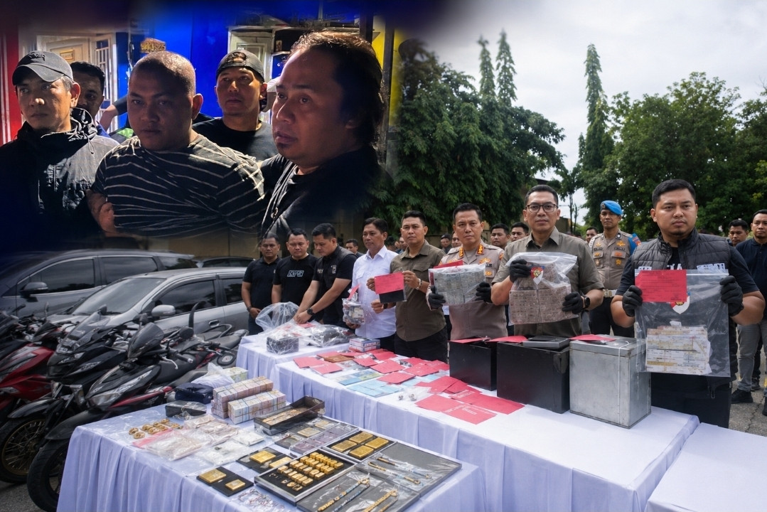 Ketgam: Polisi menunjukkan tersangka bersama barang bukti hasil pengungkapan kasus pencurian dengan pemberatan dan penadahan yang melibatkan 33 TKP di sejumlah wilayah Sulawesi Selatan, dalam konferensi pers di Mapolda Sulsel, Kamis (11/6/2026). (ENews)