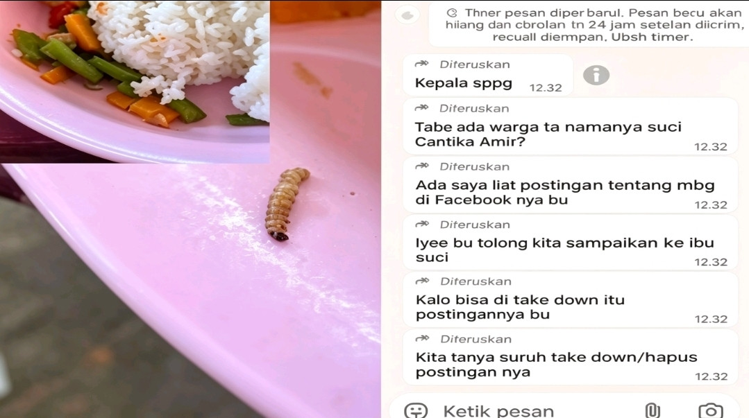 Ketgam: Dugaan temuan ulat hidup dalam makanan Program Makan Bergizi Gratis (MBG) di Kelurahan Maccini Sombala, Makassar. Kolase juga menampilkan tangkapan layar percakapan yang berisi permintaan penghapusan unggahan terkait temuan tersebut di media sosial. Foto: Istimewa.