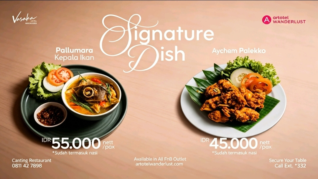 Vasaka Hotel Makassar menghadirkan dua menu khas Sulawesi Selatan, yakni Palekko dan Pallumara Kepala Ikan, yang kini tersedia setiap hari di Canting Restaurant mulai Selasa (23/6/2026).