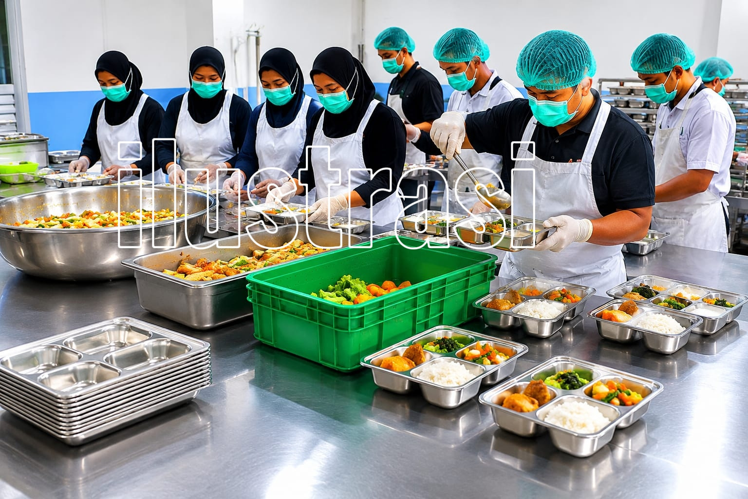 Ketgam: Ilustrasi aktivitas penyediaan dan pengemasan makanan dalam program Makan Bergizi Gratis (MBG) di dapur Satuan Pelayanan Pemenuhan Gizi (SPPG). Sejumlah SPPG di Kabupaten Bone dilaporkan menghentikan operasional sementara akibat terkendala pendanaan. (Ilustrasi/AI)