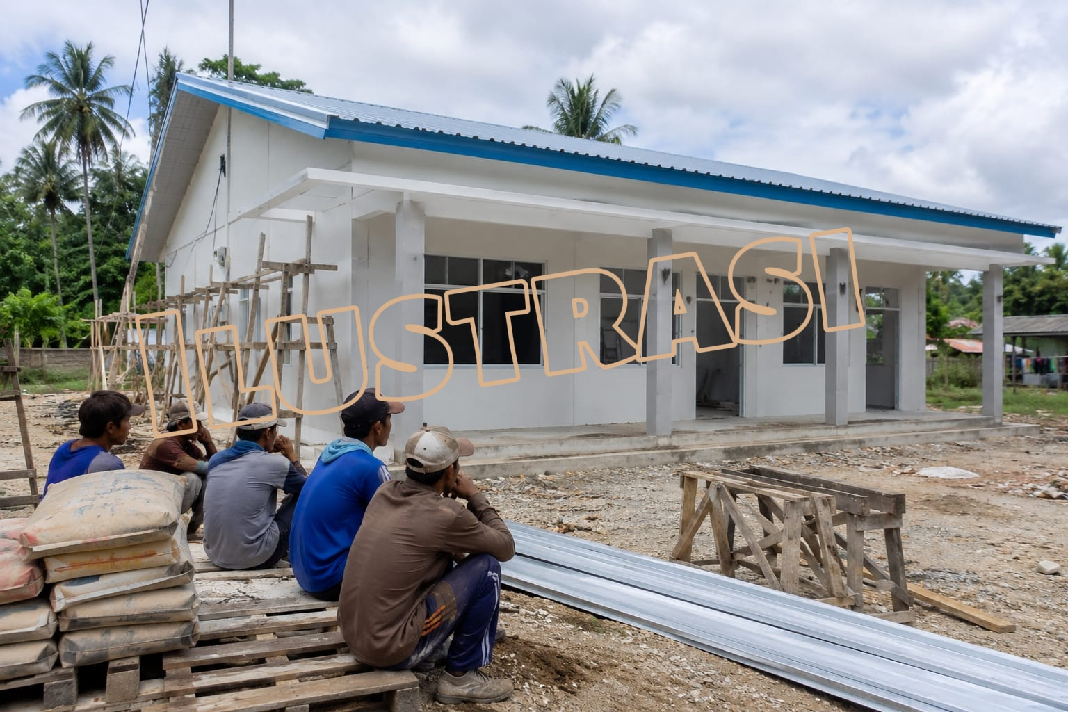 Ilustrasi: Sejumlah pekerja berada di lokasi pembangunan gerai Makan Bergizi Gratis (MBG) yang telah rampung. Para pekerja mengeluhkan upah kerja yang hingga kini belum dibayarkan. (Foto ilustrasi).