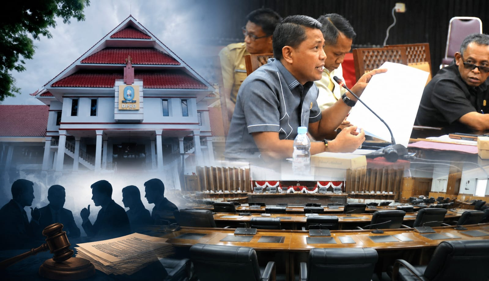 Ilustrasi gedung DPRD Kabupaten Sinjai dipadukan dengan suasana rapat sebagai gambaran penundaan agenda hak interpelasi DPRD terhadap Bupati Sinjai yang dijadwalkan berlangsung pada Kamis (9/7/2026).