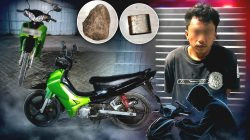 Ketgam: Terduga pelaku curanmor beserta barang bukti berupa sepeda motor, gembok cakram yang rusak, dan batu yang diduga digunakan saat beraksi diamankan Satreskrim Polres Bantaeng.