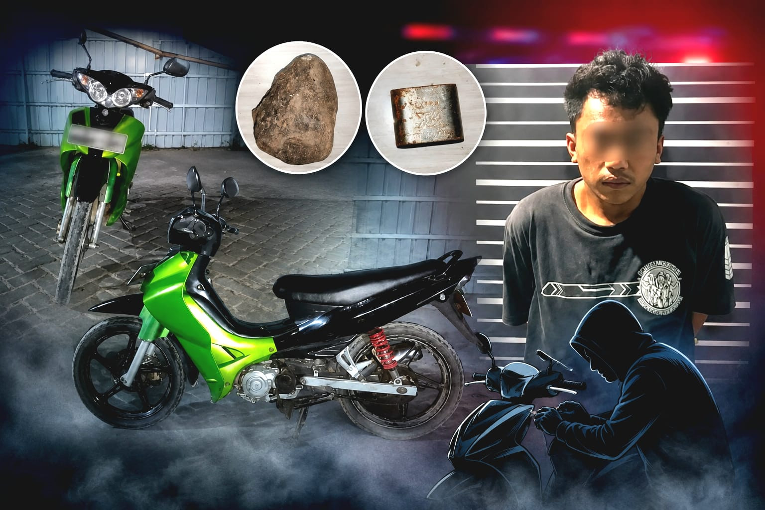 Ketgam: Terduga pelaku curanmor beserta barang bukti berupa sepeda motor, gembok cakram yang rusak, dan batu yang diduga digunakan saat beraksi diamankan Satreskrim Polres Bantaeng.