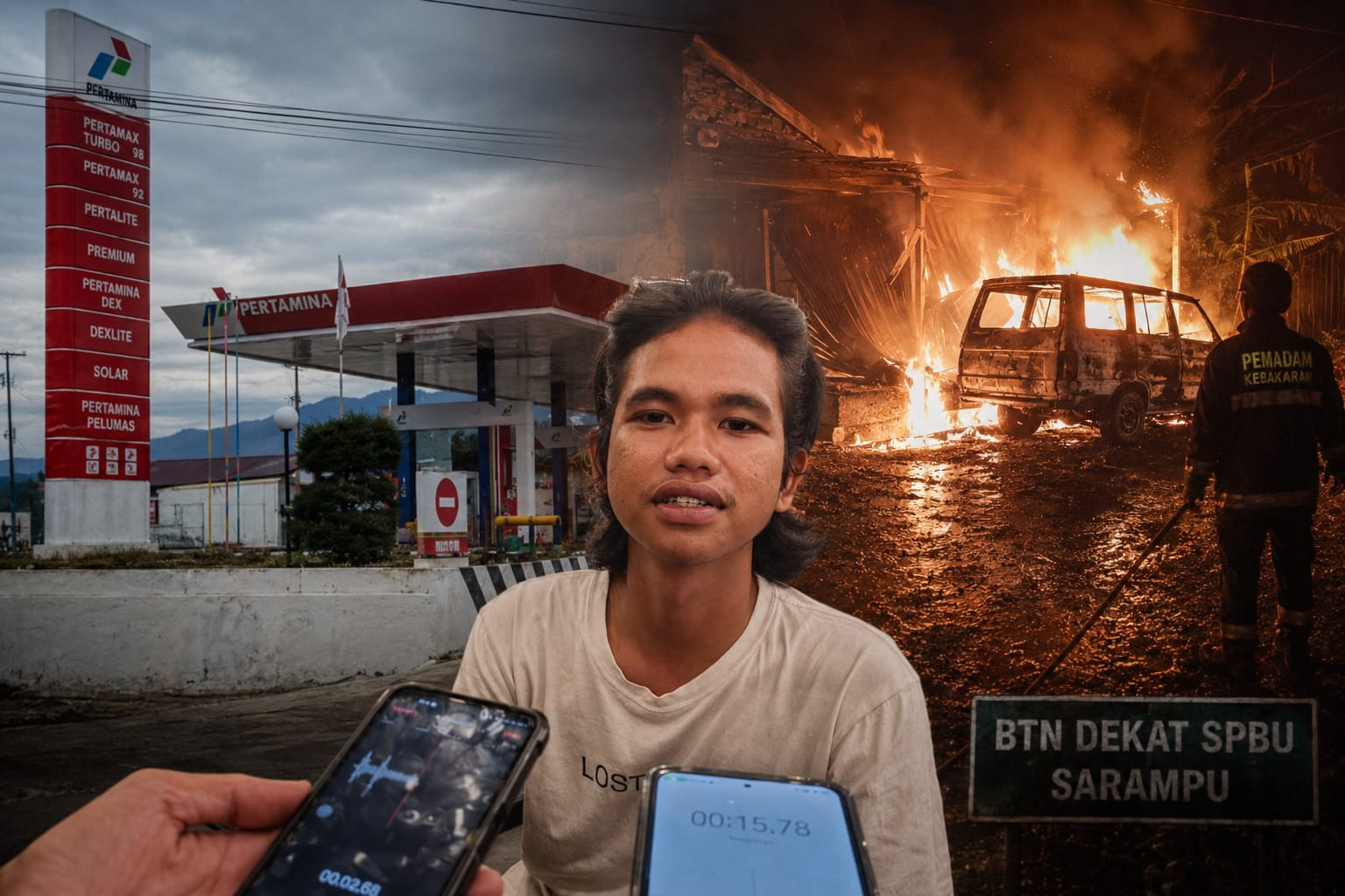Foto: Pertamina Sarampu, Nasrul Kader FPPI Polman dan Kebakaran mobil pengakut BBM Subsidi di Kawasan BTN dekat Pertamina Sarampu.