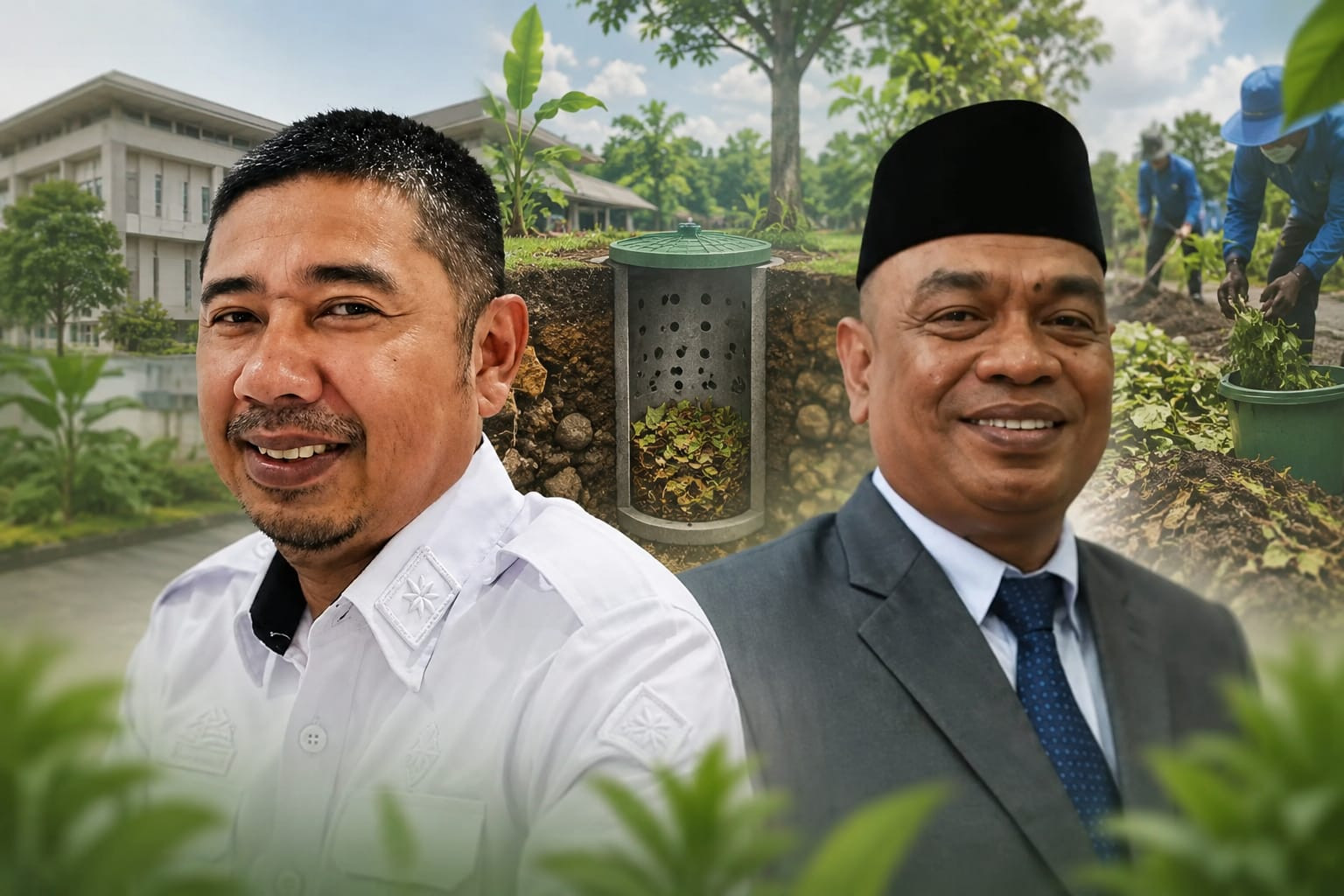 Ketgam: Kepala DLH Wajo Andi Fakhrul Rijal (PDH putih) dan Kepala Dinas PUPR Wajo Ibnu Hasyim berkolaborasi mendorong penerapan biopori di fasilitas pemerintah sebagai upaya mengurangi sampah organik dan meningkatkan resapan air.