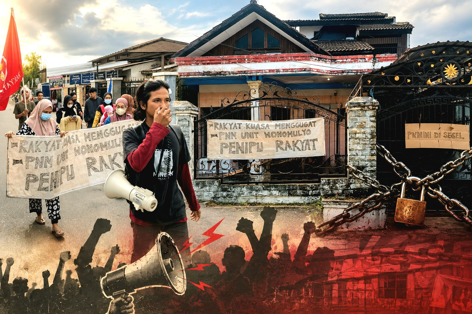 Foto: Massa KOMIK Polewali Mandar bersama warga menggelar aksi unjuk rasa dan menyegel Kantor PNM Unit Wonomulyo sebagai bentuk protes atas dugaan pencairan pinjaman tanpa persetujuan nasabah. (Dok. HW)