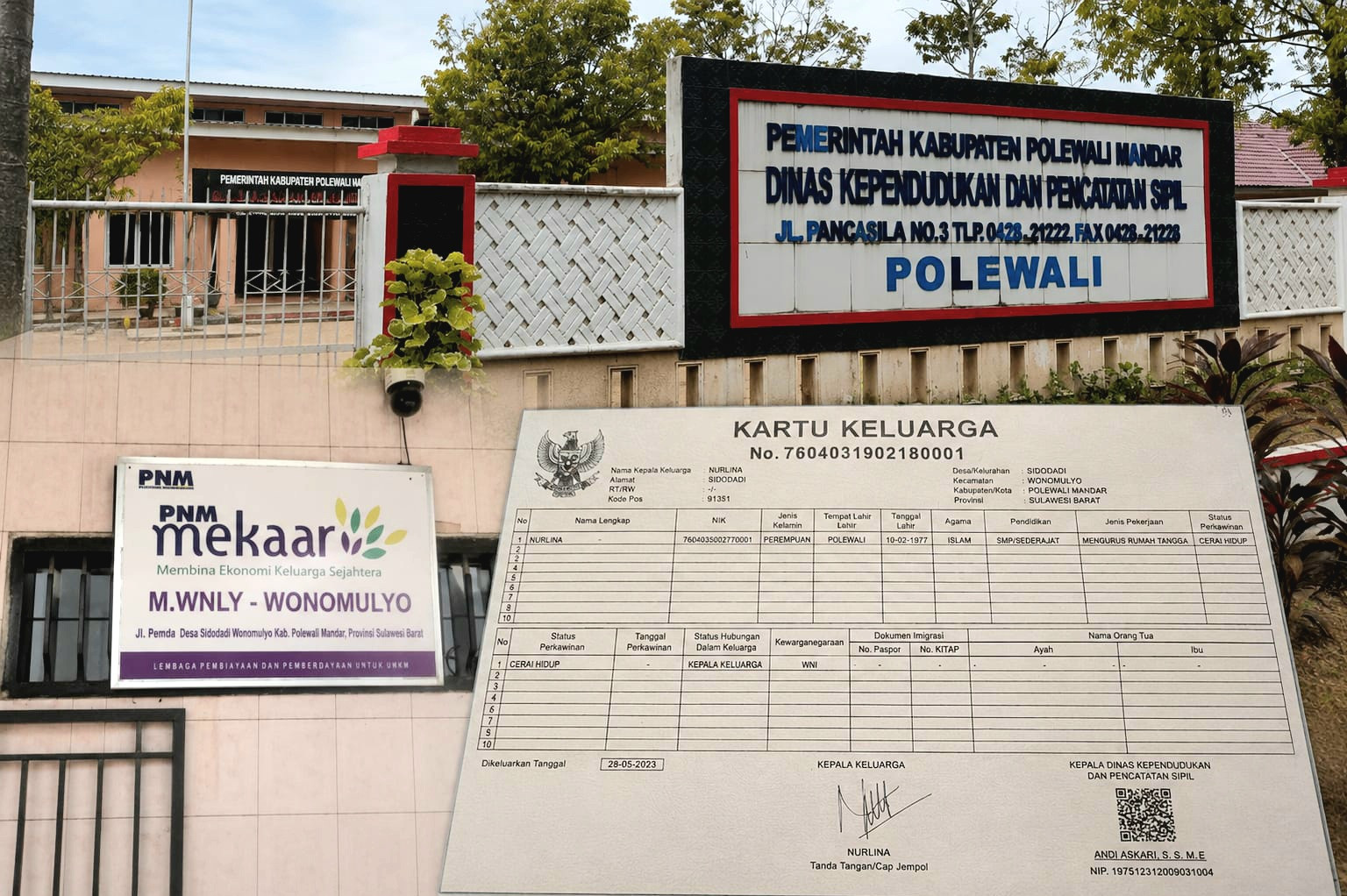 Foto: Kantor Disdukcapil Polman, Plan Kantor PNM Mekaar dan KK yang dipalsukan. (HW)