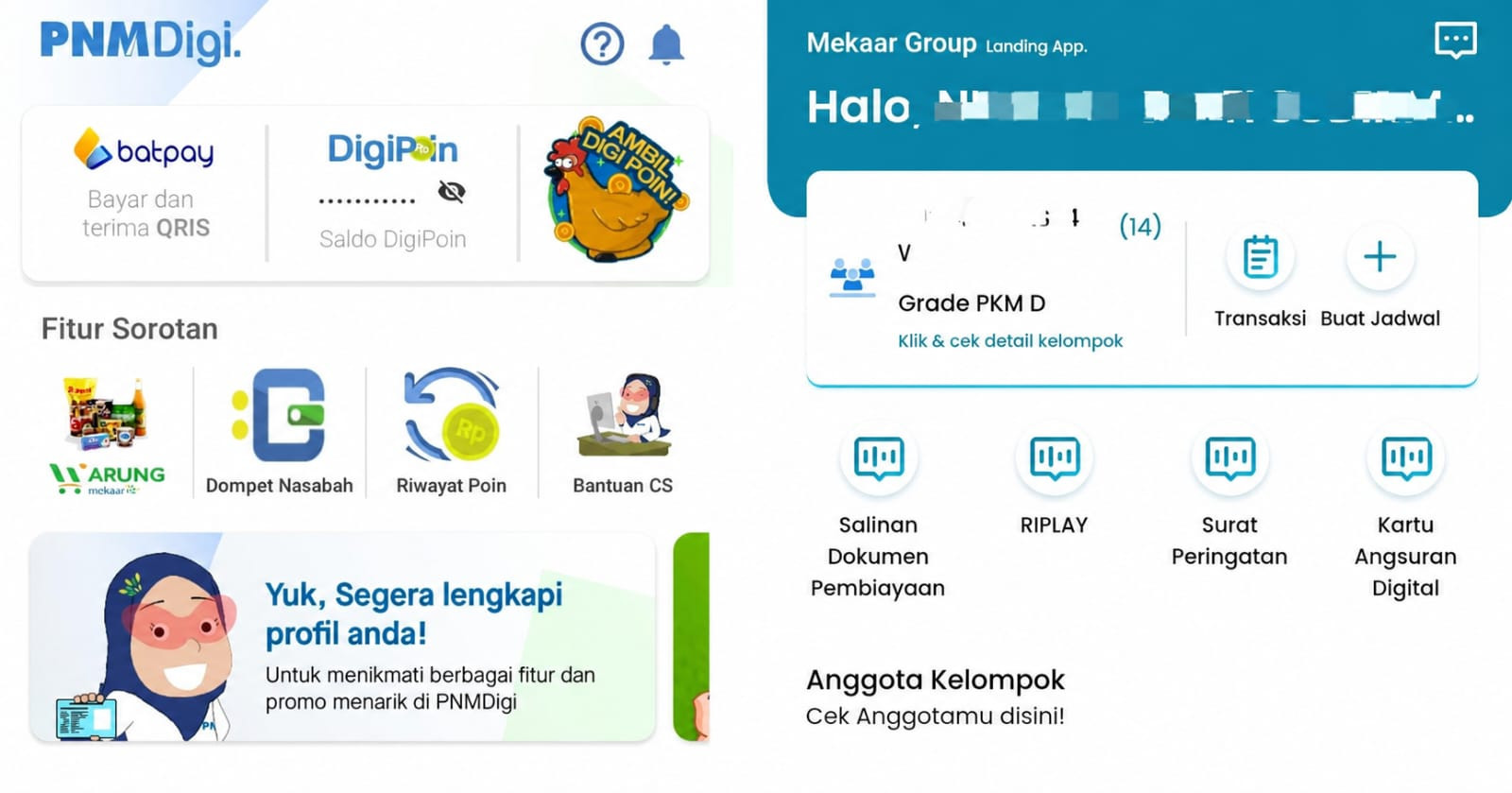 Ketgam: Tangkapan layar aplikasi PNM Digi (kiri) dan Mekaar Group Landing App (kanan) yang menjadi sorotan para nasabah dalam polemik dugaan penyalahgunaan data pembiayaan. Korban mengklaim sejumlah informasi yang sebelumnya dapat diakses melalui aplikasi kini tidak lagi ditampilkan. (ENews)