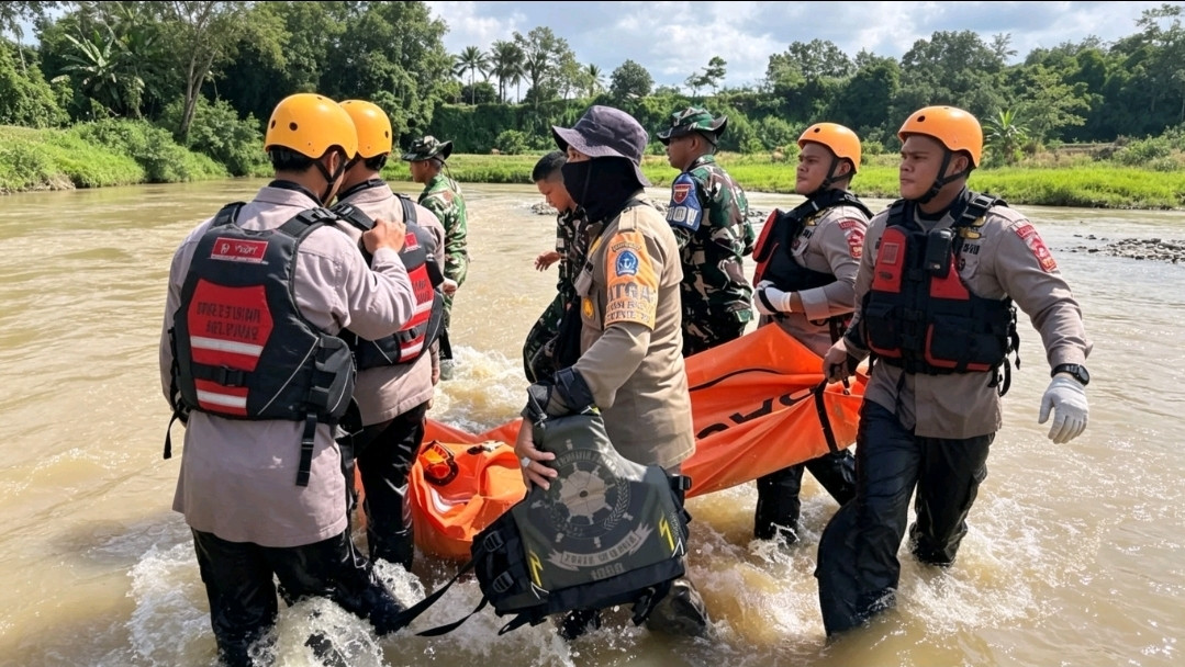 Ketgam: Jenazah Nawir (60), korban hanyut di Sungai Mallinrung Bone saat dievakuasi tim SAR gabungan. (ENews)