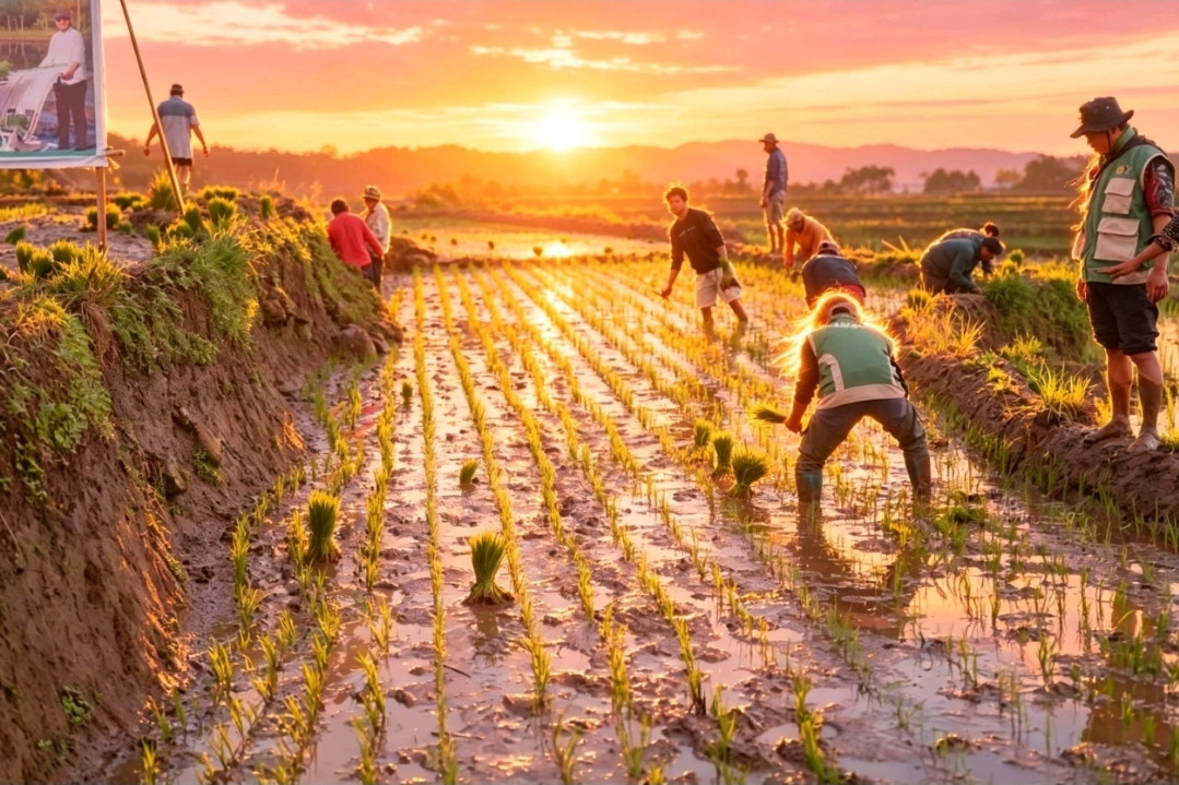 Ketgam: Petani bersama jajaran Pemerintah Kabupaten Sinjai melakukan penanaman padi di lahan persawahan Desa Barania, Kecamatan Sinjai Barat, dalam Gerakan Tanam Padi Serentak 50.000 hektare untuk mendukung peningkatan produksi beras dan swasembada pangan nasional, Jumat (31/7/2026). (Anto)
