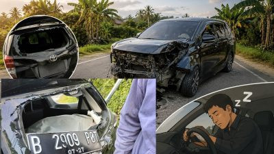 Ketgam: Kondisi mobil Toyota Avanza bernomor polisi B 2909 POT usai mengalami kecelakaan tunggal di Desa Sengengpalie, Kecamatan Lappariaja, Kabupaten Bone, Selasa (21/7/2026). Kecelakaan diduga dipicu sopir mengantuk. Foto: Ilustrasi/ENews Indonesia.