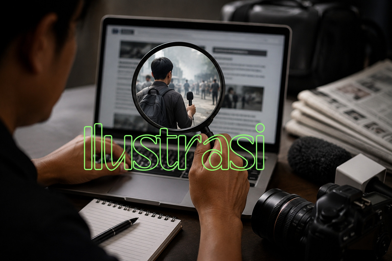 Ketgam: Ilustrasi proses jurnalistik yang menekankan pentingnya verifikasi fakta dan peliputan langsung demi menjaga profesionalisme pers. (ENews/AI)