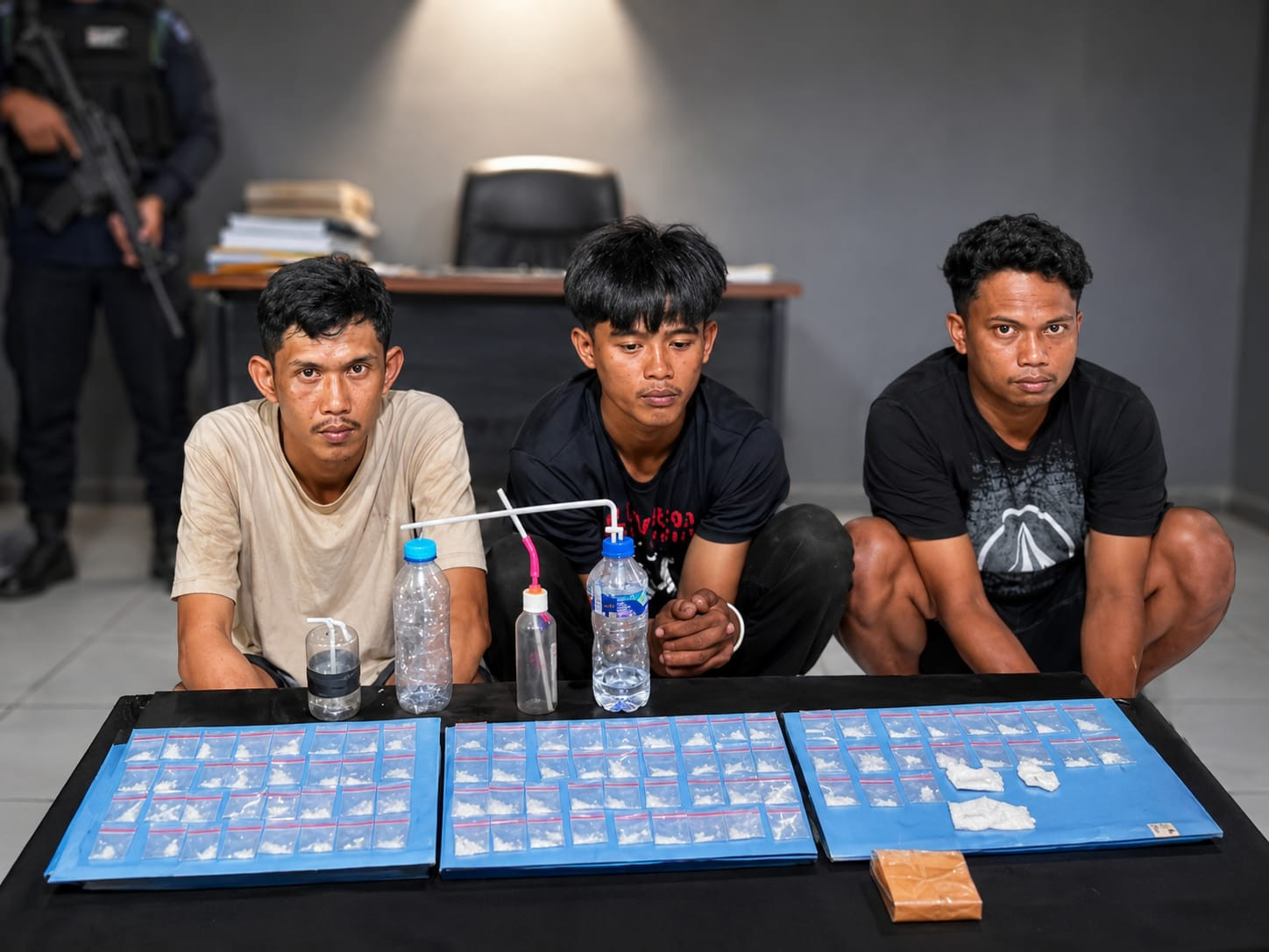 Foto: Tiga terduga pelaku narkotika diamankan Polsek Lamuru bersama barang bukti 93 sachet sabu seberat sekitar 19 gram hasil pengungkapan kasus peredaran narkoba di Kabupaten Bone. (Emong/Ist)