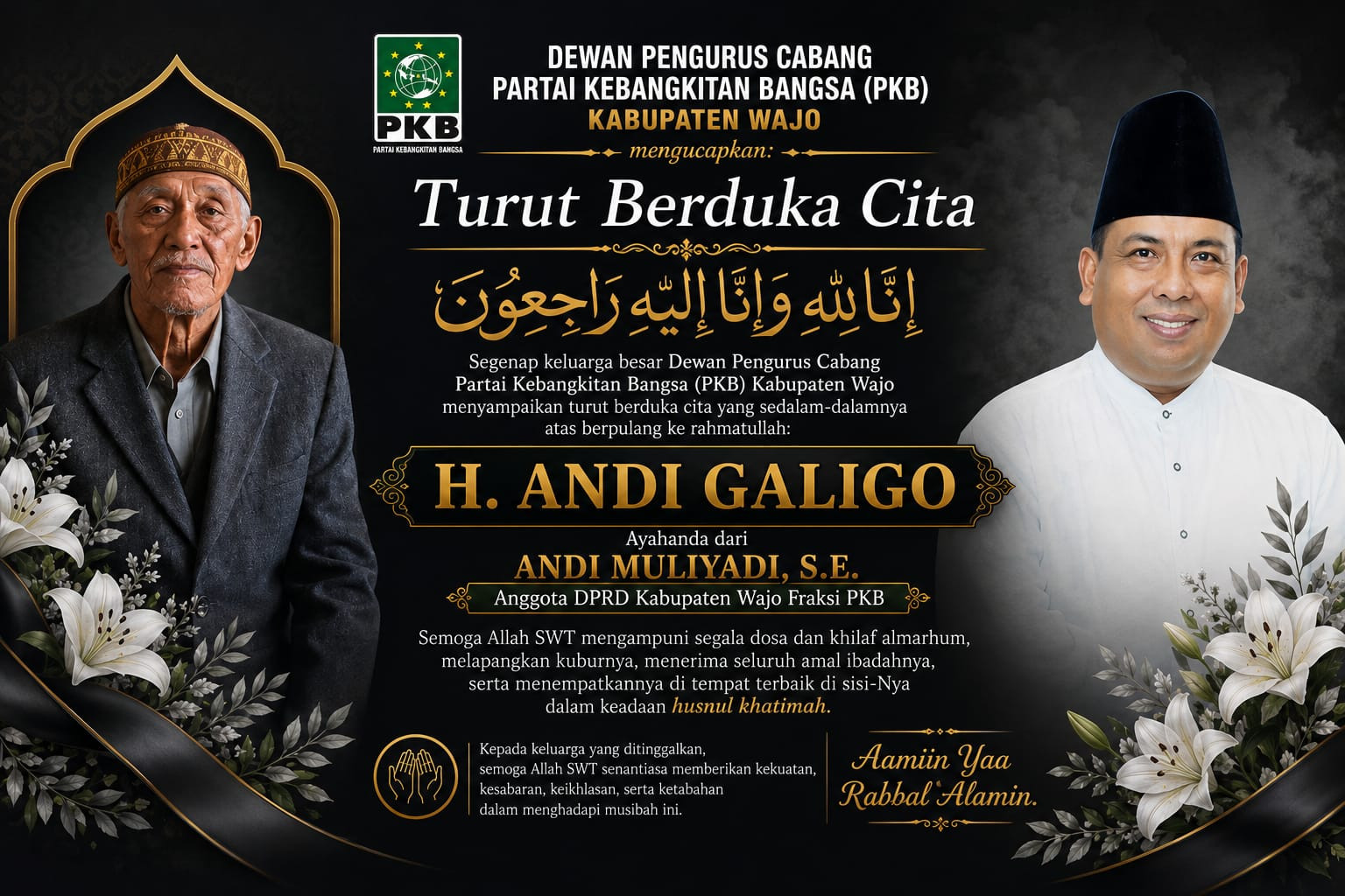 Ketgam: Ketua DPC PKB Kabupaten Wajo, H. Sumardi Arifin (kanan), menyampaikan belasungkawa atas wafatnya H. Andi Galigo (kiri), ayahanda Anggota DPRD Kabupaten Wajo Fraksi PKB, Andi Muliyadi. (Ikbal/enews)