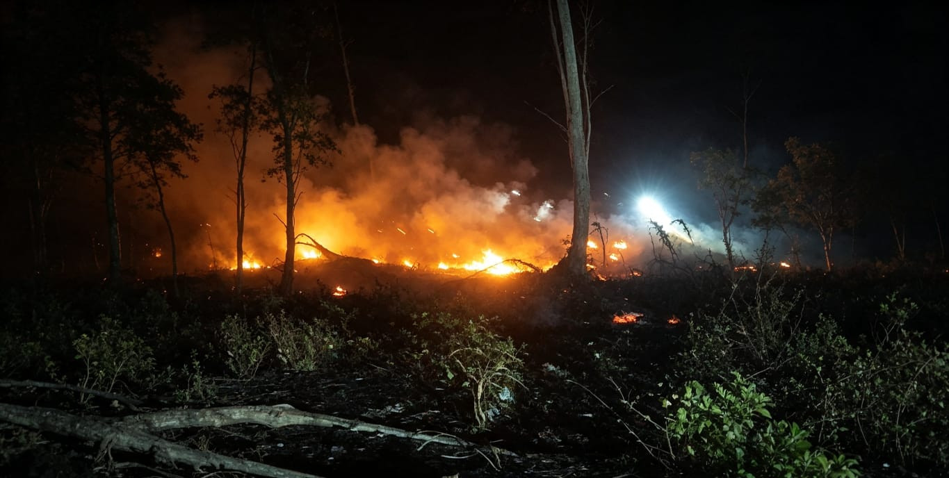 Ketgam: Kebakaran melanda kawasan pesisir Desa Tammero'do Utara, Kecamatan Tammero'do Sendana, Majene, Jumat (7/8/2026) malam. Api diduga berasal dari puntung rokok yang dibuang sembarangan dan membakar area sekitar 50 × 50 meter. (Dok. Kamil)