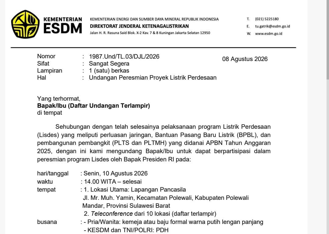 Ketgam: Surat Direktorat Jenderal Ketenagalistrikan Kementerian ESDM tertanggal 8 Agustus 2026 terkait undangan peresmian Program Listrik Perdesaan (Lisdes) yang dijadwalkan berlangsung di Lapangan Pancasila, Polewali Mandar, Senin (10/8/2026).