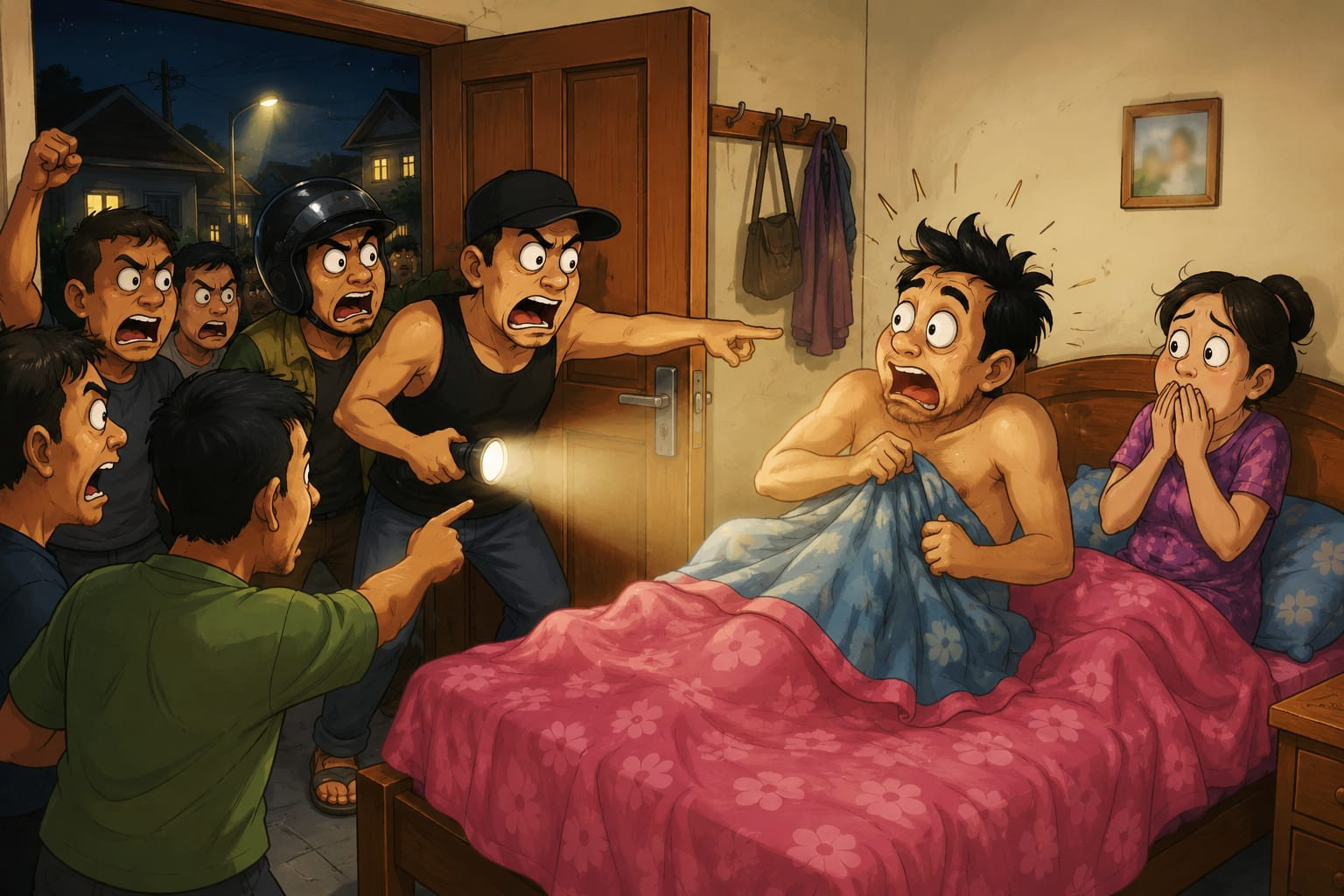 Ketgam: Ilustrasi penggerebekan warga di sebuah rumah pada dini hari yang berujung keributan setelah seorang pria diduga ditemukan berada di dalam rumah warga di Kompleks BTN Cilellang Mas, Kabupaten Bone. (ENews/AI)