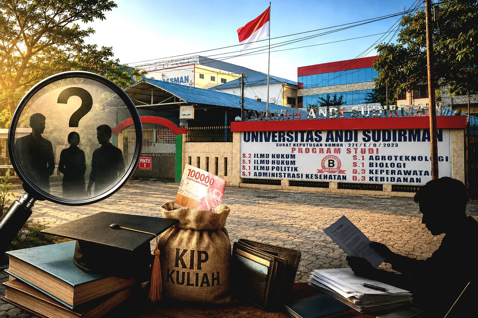 Ilustrasi polemik dugaan pengembalian dana KIP Kuliah di Universitas Andi Sudirman (Uniasman) Bone. Pihak kampus membantah tudingan, sementara ENews Indonesia tetap melanjutkan penelusuran dan menjaga kerahasiaan narasumber. (ENews/AI)