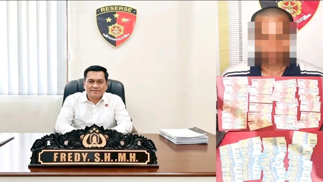 Ketgam: Kasat Reskrim Polres Majene AKP Fredy, S.H., M.H., bersama barang bukti uang tunai yang diamankan dari terduga pelaku pencurian di Pasar Sentral Majene. (Humas Polres Majene)