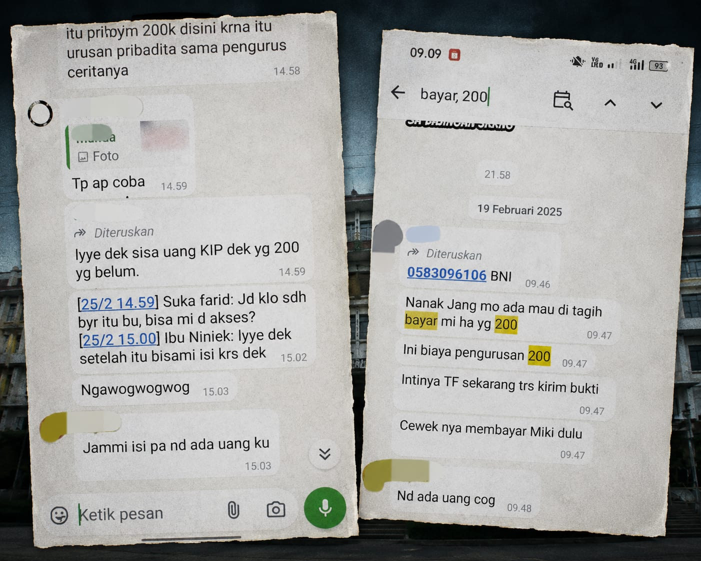Ketgam: Tangkapan percakapan yang menjadi salah satu dokumen penelusuran ENews Indonesia terkait dugaan permintaan pembayaran Rp200 ribu kepada mahasiswa dalam polemik KIP Uniasman tahun 2025. (ENews)