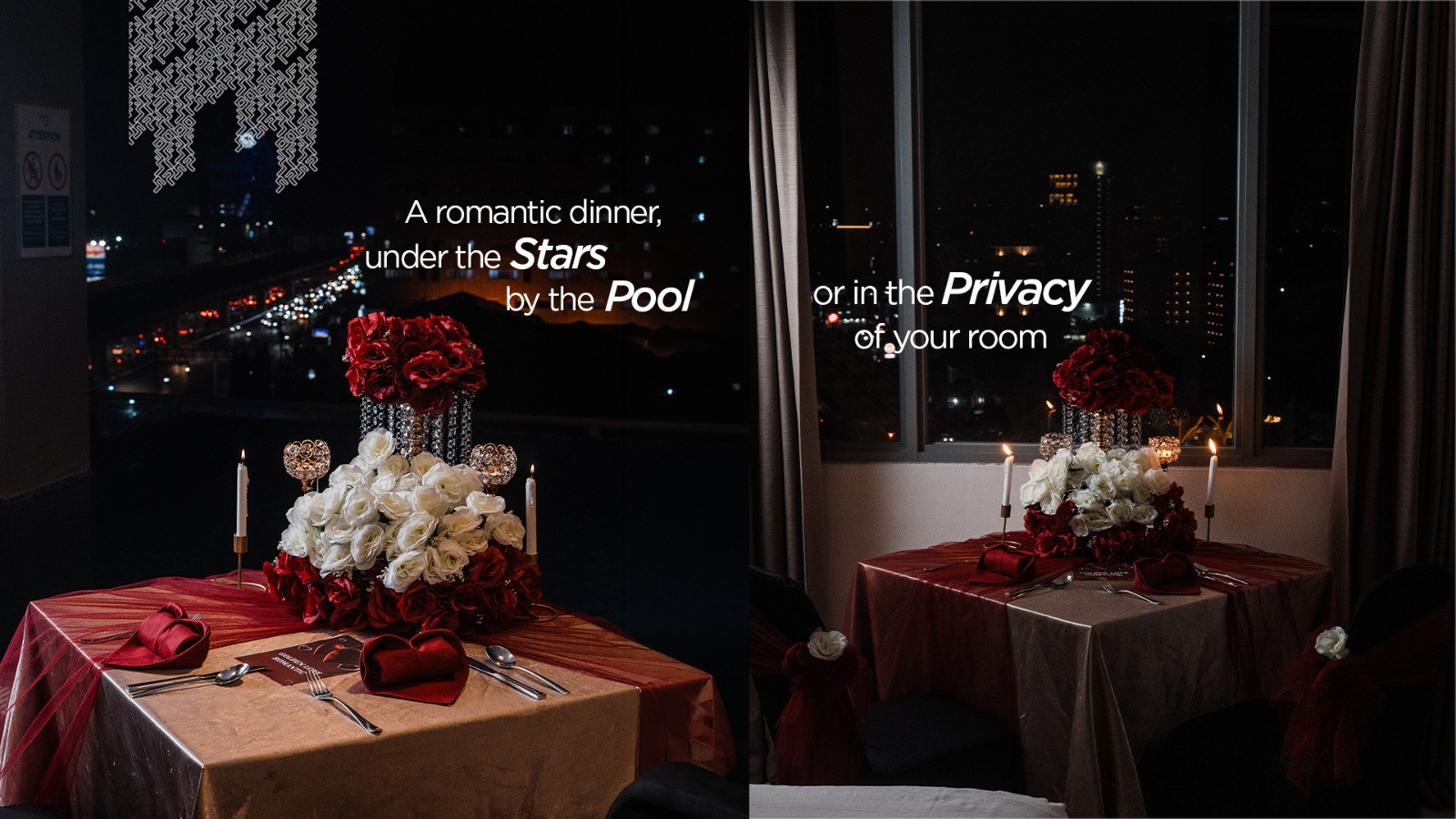 Ketgam: Suasana romantis Golden Love Romantic di Vasaka Hotel Makassar dengan pilihan makan malam di area kolam renang atau dalam kamar yang lebih privat. (Humas Vasaka Hotel Makassar)