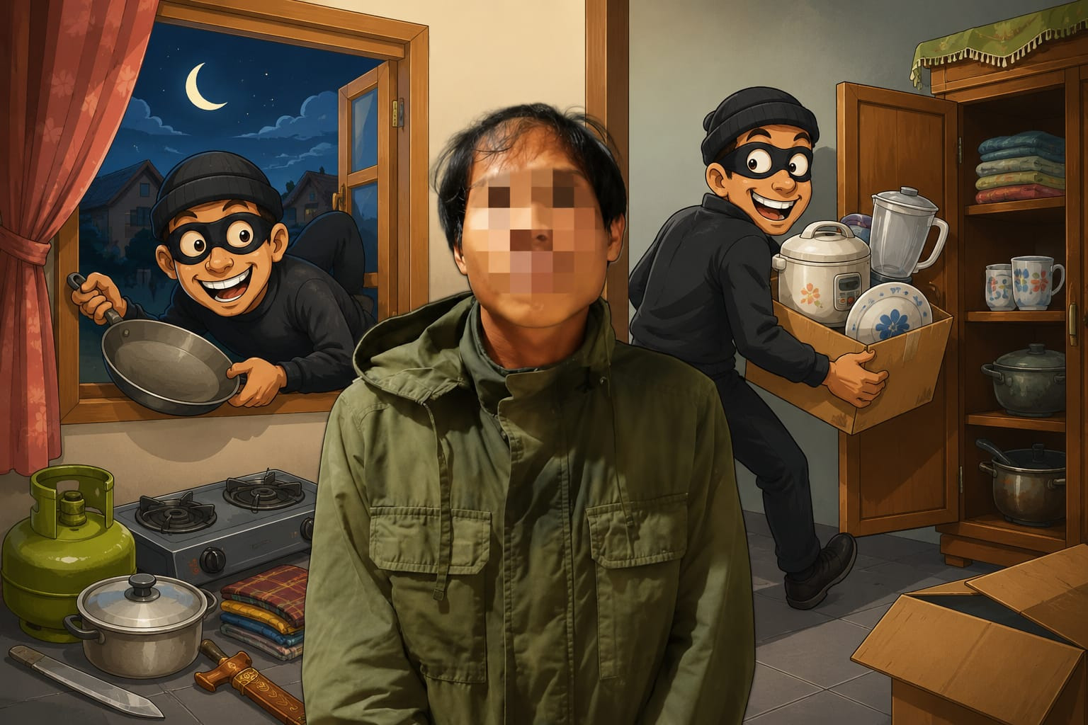 Ketgam: Ilustrasi aksi pencurian rumah, dengan sejumlah perabot rumah tangga yang menjadi sasaran dan pelaku yang diamankan polisi. (ENews/AI)