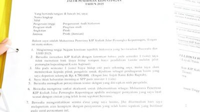 Ketgam: Dokumen surat pernyataan mahasiswa penerima KIP Kuliah jalur pemangku kepentingan tahun 2025 yang memuat klausul pengembalian biaya hidup sebesar Rp4,7 juta kepada pihak pengelola. (ENews)