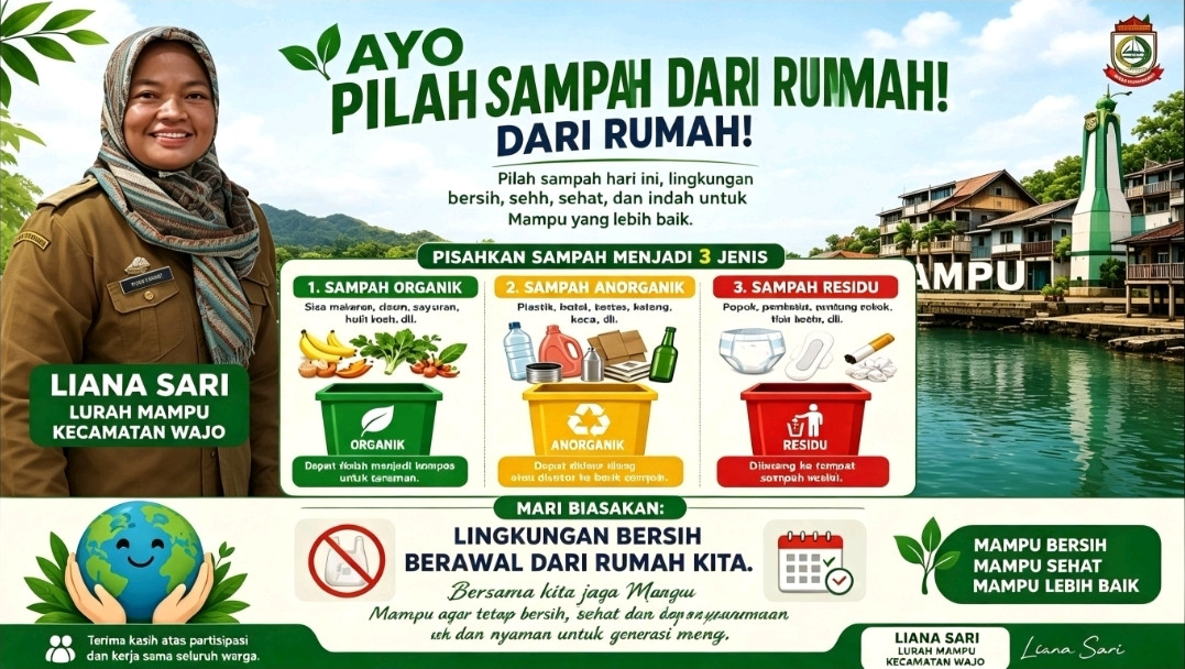 Ketgam: Lurah Mampu, Liana Sari, mengajak masyarakat menerapkan pemilahan sampah dari rumah melalui sosialisasi pengelolaan sampah sesuai Instruksi Wali Kota Makassar Nomor 3 Tahun 2026 sebagai upaya mengurangi volume sampah ke TPA dan menjaga kebersihan lingkungan. (ENews Indonesia)