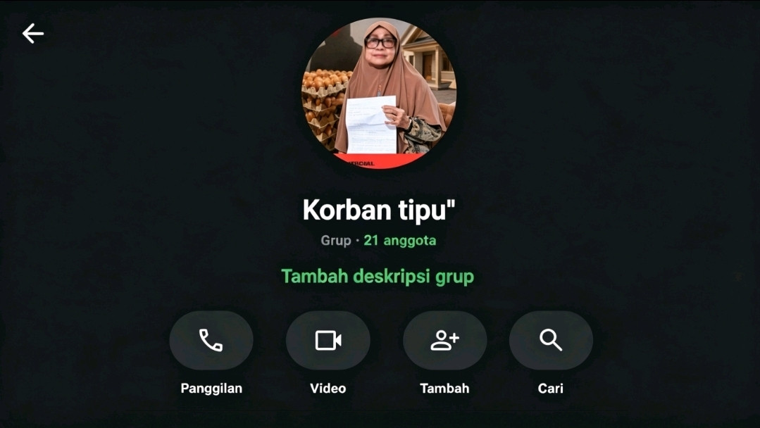 Ketgam: Tangkapan layar grup WhatsApp “Korban Tipu” yang beranggotakan 21 orang, yang diklaim berisi pihak-pihak yang mengaku mengalami kerugian dalam transaksi dengan terlapor. (ENews)