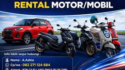Rental Kendaraan @A.AzkiaBone menyediakan layanan penyewaan motor dan mobil di BTN Cilellang Emas Blok D8N, Kabupaten Bone, dengan pilihan kendaraan dan tarif sewa yang beragam.