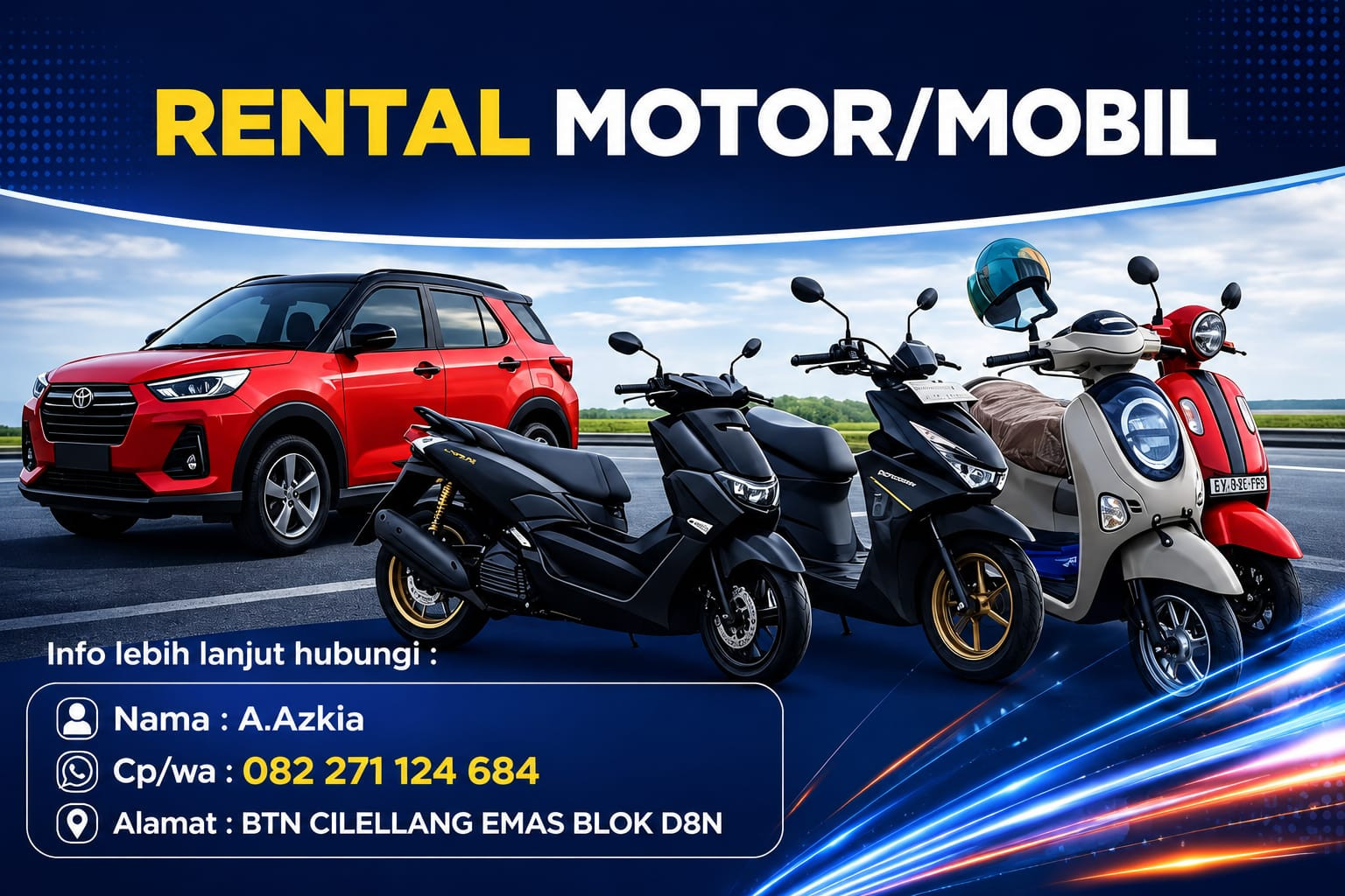 Rental Kendaraan @A.AzkiaBone menyediakan layanan penyewaan motor dan mobil di BTN Cilellang Emas Blok D8N, Kabupaten Bone, dengan pilihan kendaraan dan tarif sewa yang beragam.