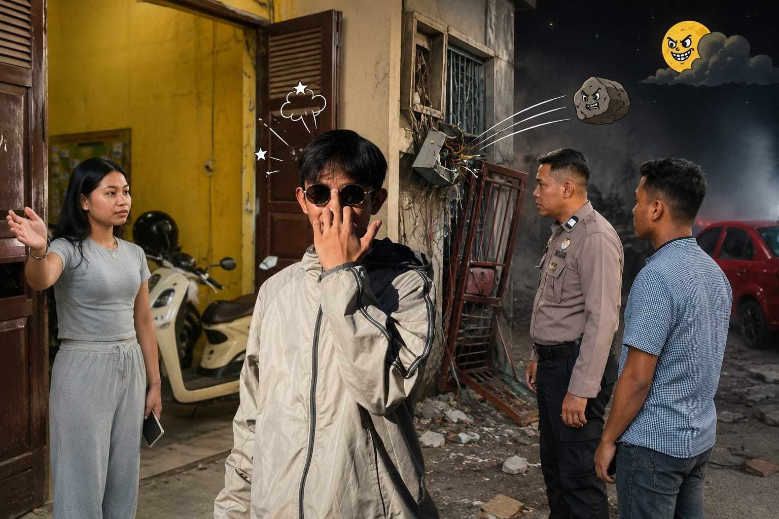 Ketgam: Polisi melakukan pengecekan di lokasi Virendy Cafe yang diduga menjadi sasaran aksi perusakan, sementara seorang saksi memberikan keterangan terkait insiden tersebut di Makassar - foto terduga pelaku memakai kacamata hitam. (Angki)