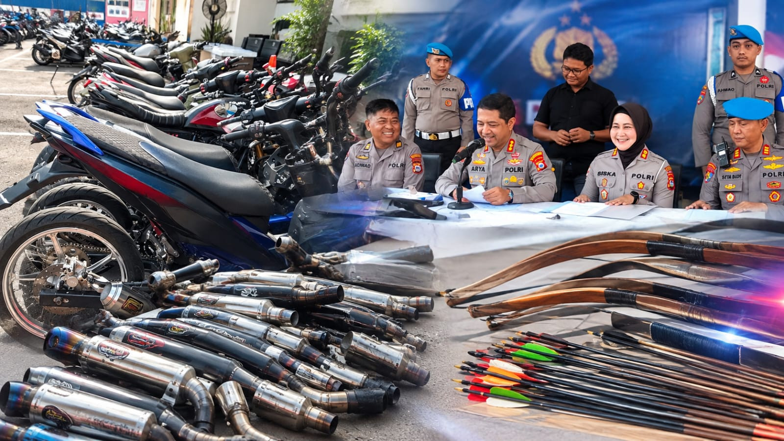 Ketgam: Petugas Satlantas Polrestabes Makassar memperlihatkan hasil operasi penertiban kendaraan berknalpot brong dan ilustrasi knalpot bising dan barang bukti busur serta anak panah. (ENews)