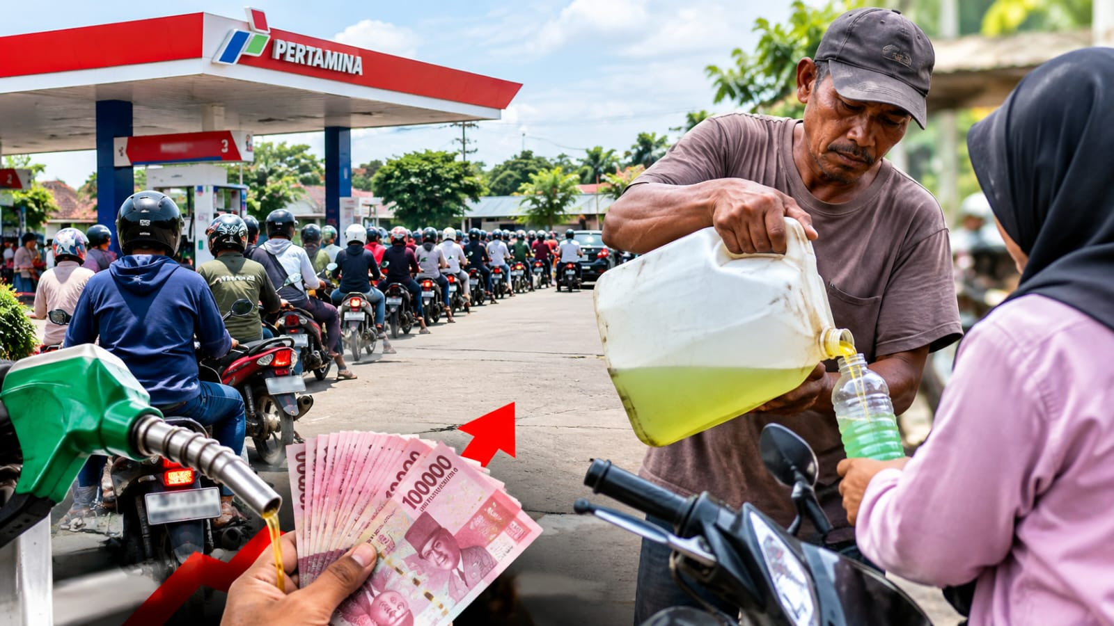 Ketgam: Antrean kendaraan mengular di salah satu SPBU di Polewali Mandar di tengah kelangkaan Pertalite, sementara warga terpaksa membeli BBM eceran dengan harga lebih tinggi. (ENews/AI)