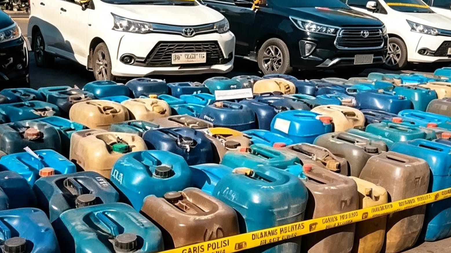 Foto: Sejumlah barang bukti yang ditampilkan pihak Polda Sulsel dalam pengungkapan kasus penyalahgunaan BBM bersubsidi. (ENews)