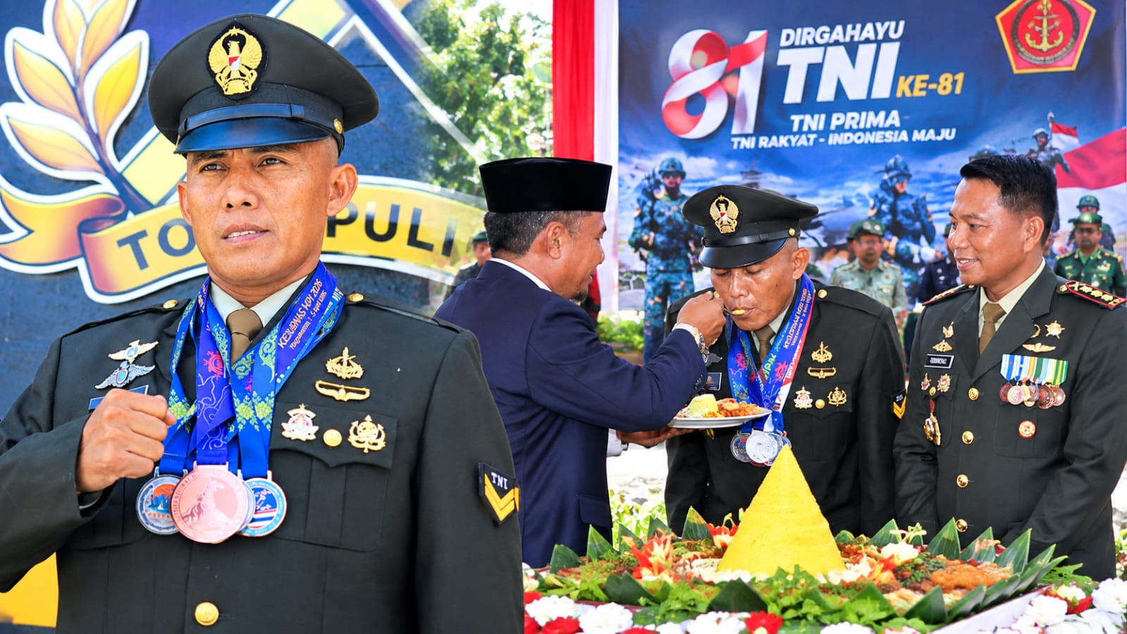 Ketgam: Sertu Yusri menerima suapan tumpeng pada HUT TNI ke-81 di Korem 141/Toddopuli, Bone. (Dok. ENews)