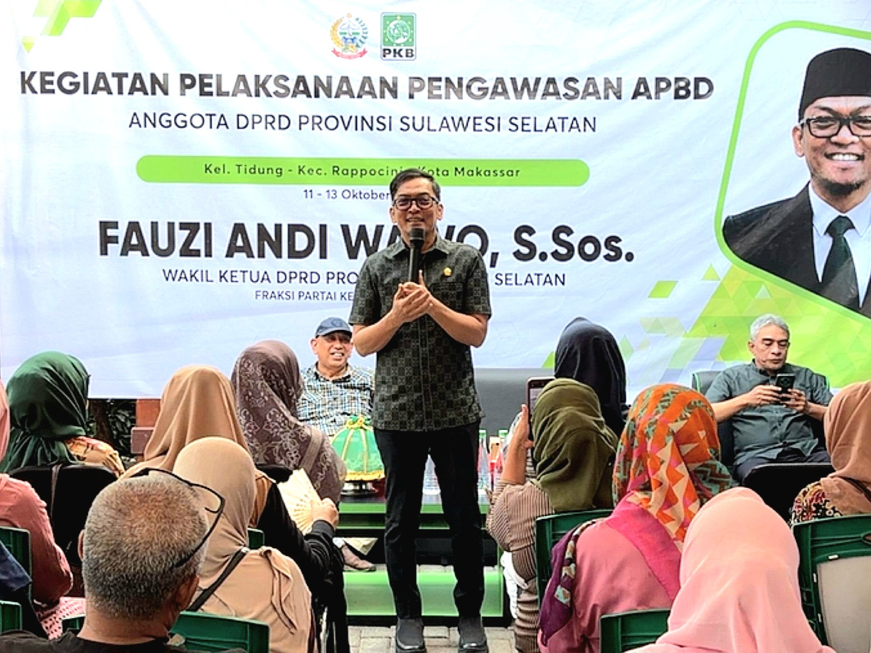 Foto: Fauzi Andi Wawo saat menyampaikan sambutan pada kegiatan pengawasan APBD di Kelurahan Tidung, Kecamatan Rappocini, Makassar, Minggu, 11 Oktober 2026. (Kambel)