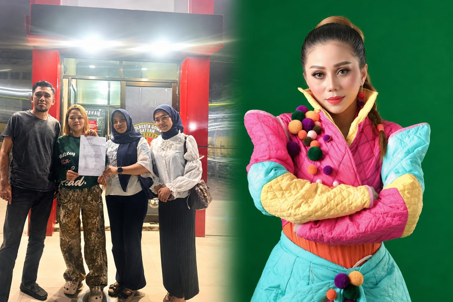 Ketgam: Pemilik RYK Kosmetik, Amriana (kedua dari kiri), bersama pendampingnya menunjukkan dokumen di Polresta Gowa. Amriana melaporkan Fenny Frans terkait dugaan serangan melalui media sosial. (ENews)