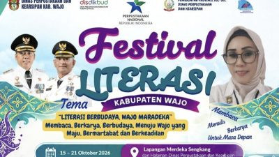 Ketgam: Festival Literasi Kabupaten Wajo berlangsung 15–21 Oktober 2026, mengusung tema “Literasi Berbudaya, Wajo Maradeka”.