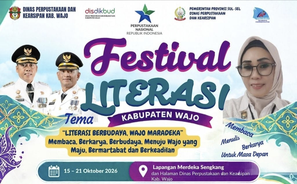 Ketgam: Festival Literasi Kabupaten Wajo berlangsung 15–21 Oktober 2026, mengusung tema “Literasi Berbudaya, Wajo Maradeka”.